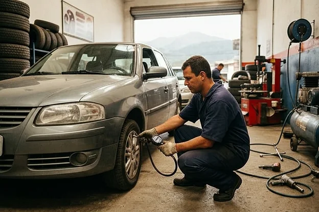 Profissional checando a pressão e condição dos pneus de um carro.