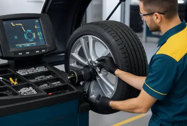 Técnico fazendo balanceamento de rodas com equipamento especializado.
