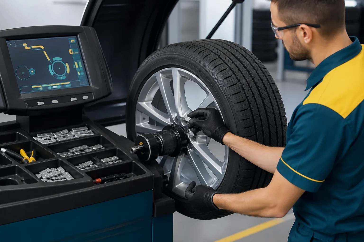 Técnico fazendo balanceamento de rodas com equipamento especializado.