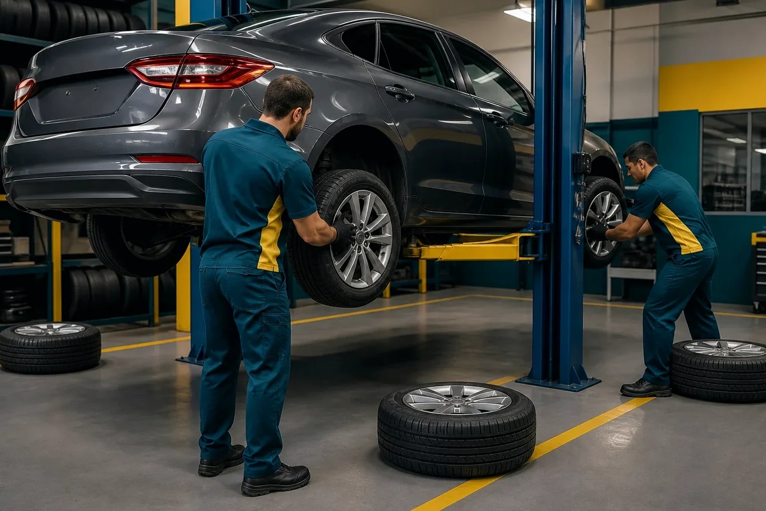 Técnico fazendo rodízio de pneus em um veículo na borracharia.
