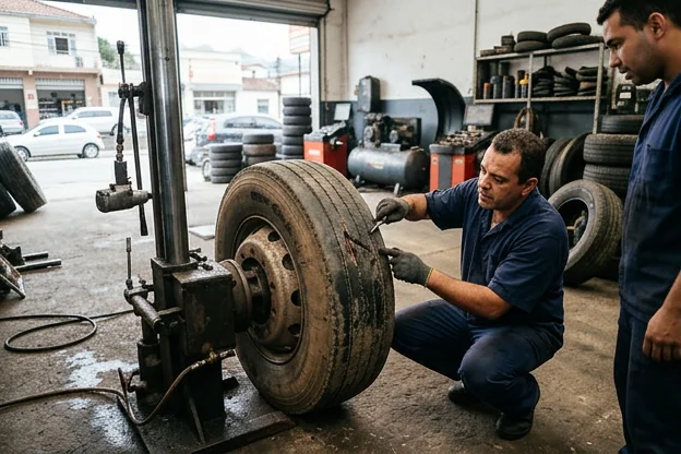 Técnico inspecionando um pneu danificado na borracharia.