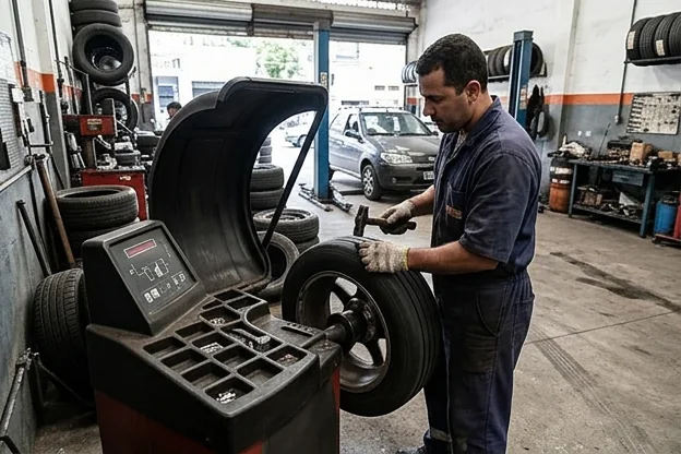 Técnico realizando balanceamento de pneus em uma máquina adequada.