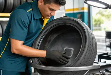 Técnico reparando um pneu com ferramentas de borracharia.