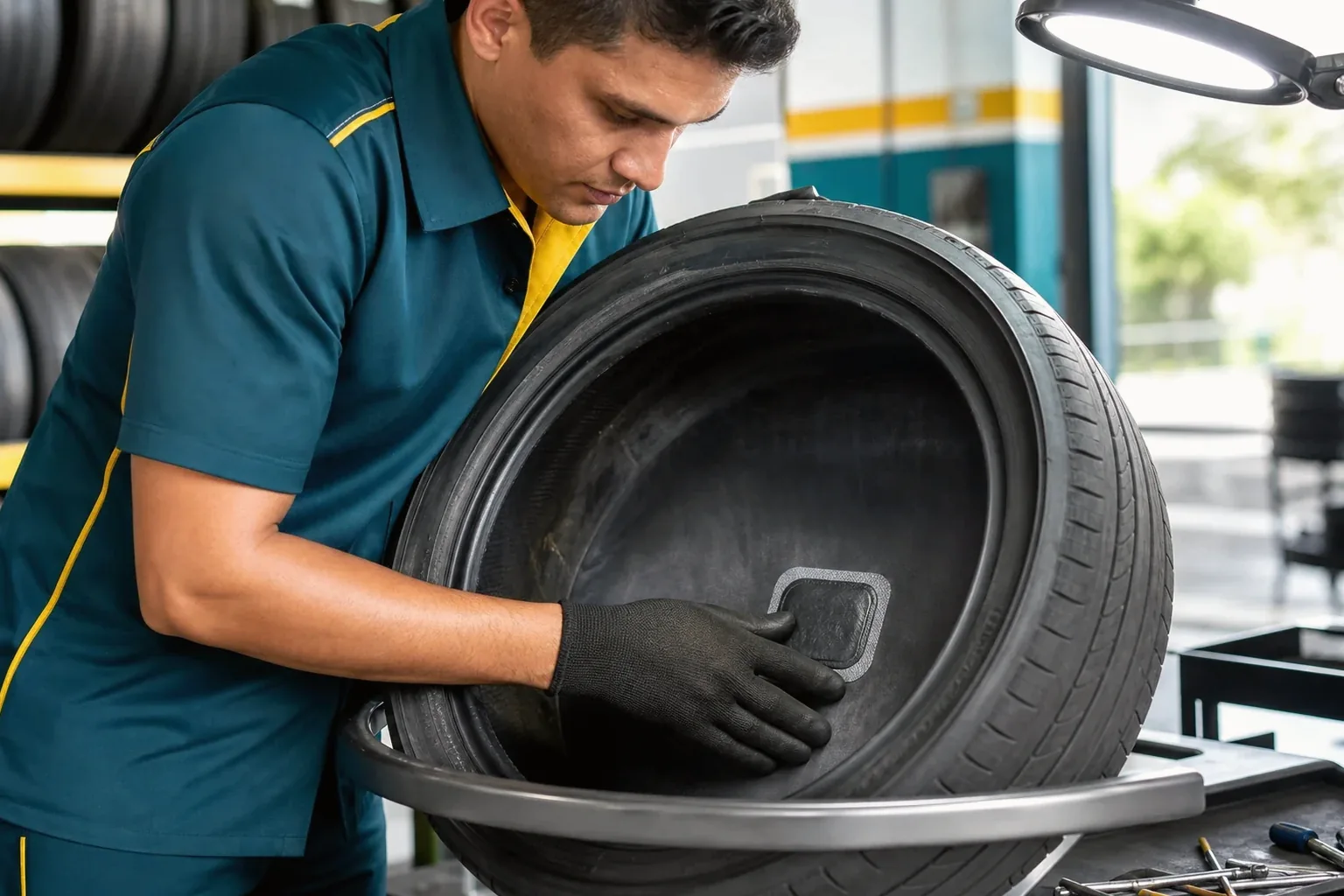 Técnico reparando um pneu com ferramentas de borracharia.