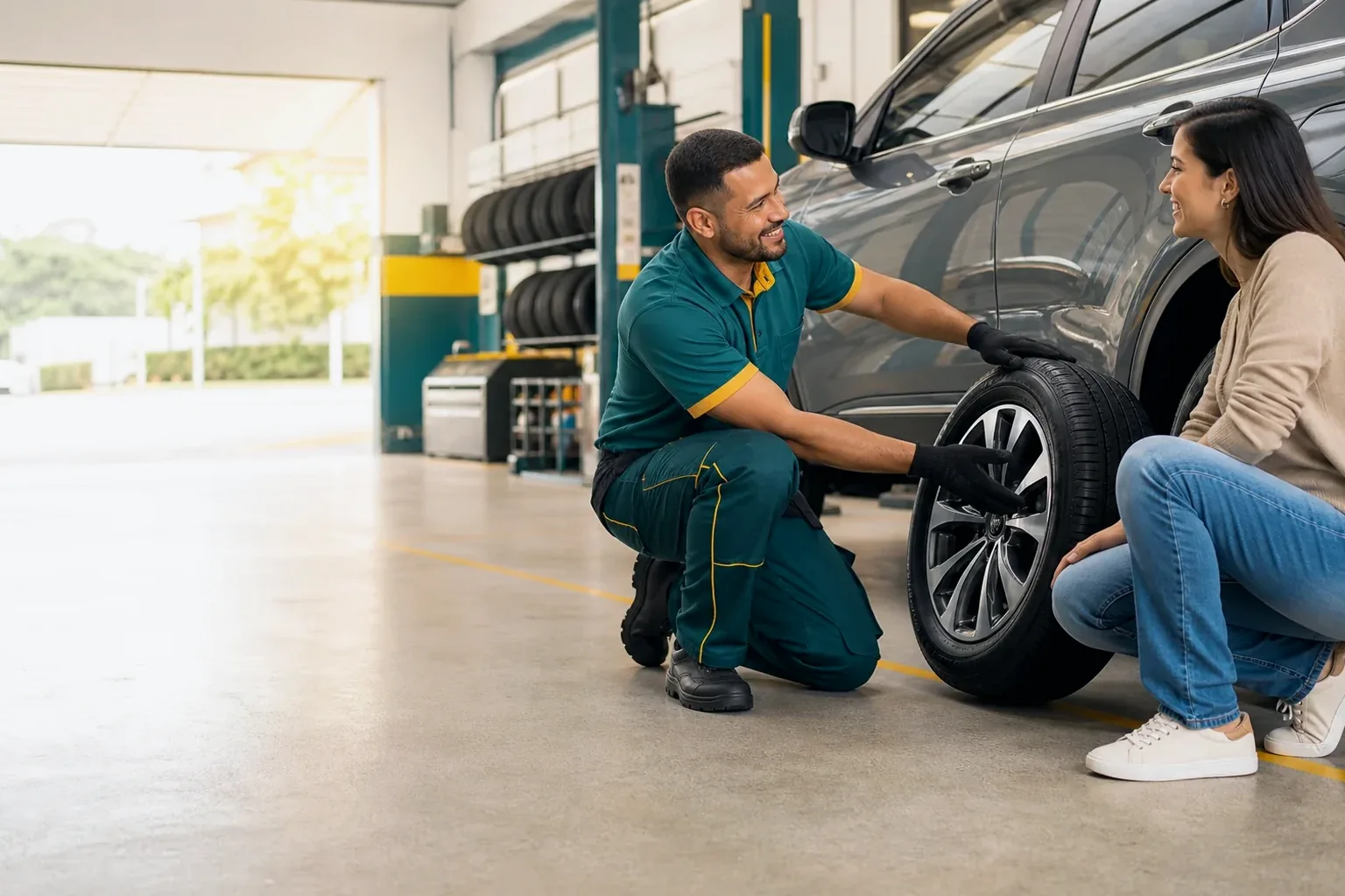 Técnico reparando um pneu com ferramentas de borracharia.